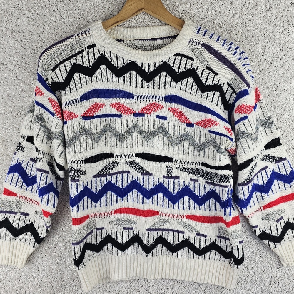 Vintage 3D Colorful Ski Sweater Women's Medium 90s Geometric Vibrant